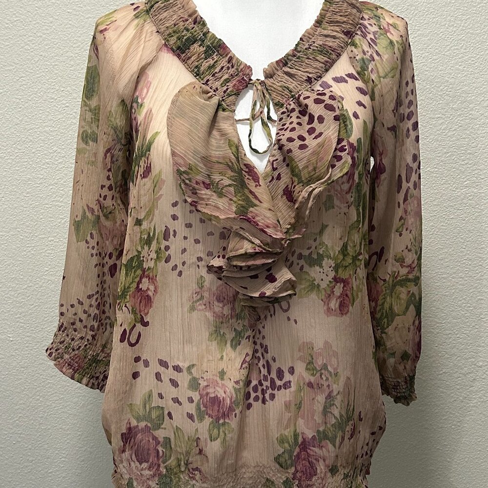 World Market brown floral leopard sheer blouse, v-neck ruffle, long sleeve, S/M